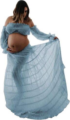 2 Piece Puffy Tulle Pregnancy Dress for Women Off Shoulder Maternity Gowns for Photoshoot Flying Dresses in Saudi Arabia