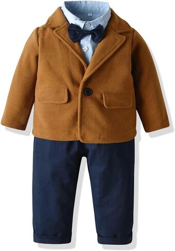 Boys Tuxedo Suits Long Sleeve Bow Tie Shirt+Jacket Outerwear+Suspender+Trousers 4Pcs Outfits Sets Formalwear in Saudi Arabia