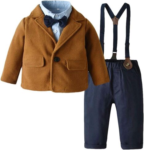 Boys Tuxedo Suits Long Sleeve Bow Tie Shirt+Jacket Outerwear+Suspender+Trousers 4Pcs Outfits Sets Formalwear in Saudi Arabia