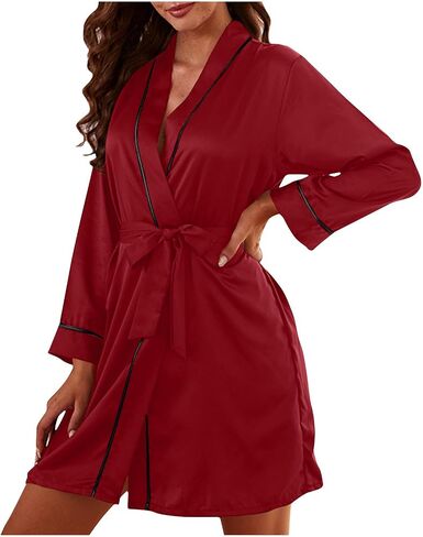Nightgowns for Womens Long Sleeve Satin Bathrobe V-Neck Band Belt Nightshirt Lounge Comfy Lightweight Sleepwear in Saudi Arabia