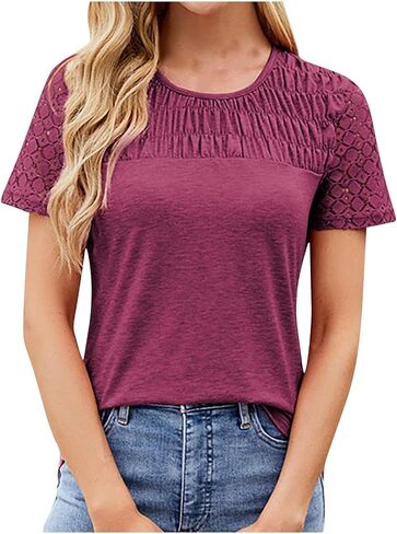 Women's Short Sleeve Dressy Tops Lace Eyelet Pleated Summer Tops Trendy Casual T-Shirts Cute Work Outfits Blouses in Saudi Arabia