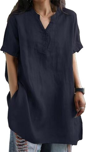 Womens Short Sleeve Cotton Linen Shirts Button V Neck Loose Summer Tops Plus Size Solid Pullover Blouses in Saudi Arabia