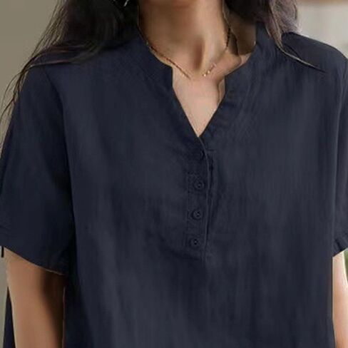 Womens Short Sleeve Cotton Linen Shirts Button V Neck Loose Summer Tops Plus Size Solid Pullover Blouses in Saudi Arabia
