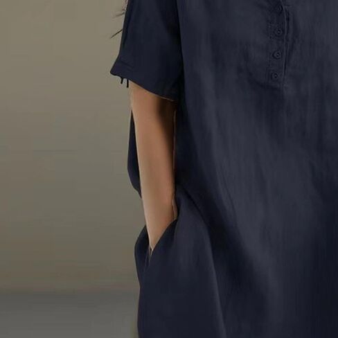 Womens Short Sleeve Cotton Linen Shirts Button V Neck Loose Summer Tops Plus Size Solid Pullover Blouses in Saudi Arabia