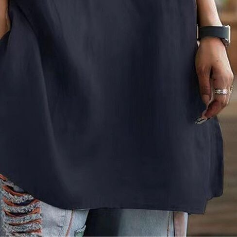 Womens Short Sleeve Cotton Linen Shirts Button V Neck Loose Summer Tops Plus Size Solid Pullover Blouses in Saudi Arabia