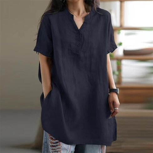 Womens Short Sleeve Cotton Linen Shirts Button V Neck Loose Summer Tops Plus Size Solid Pullover Blouses in Saudi Arabia