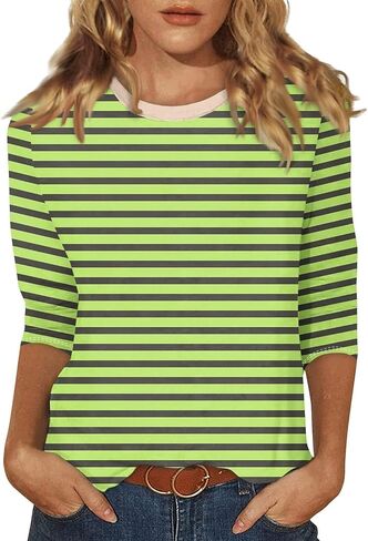 3/4 Length Sleeve Women Tops Round Neck Summer Striped Shirts Dressy Casual Tunic Tops Trendy Blouses in Kuwait
