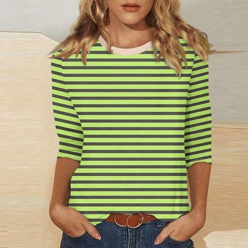 3/4 Length Sleeve Women Tops Round Neck Summer Striped Shirts Dressy Casual Tunic Tops Trendy Blouses in Kuwait