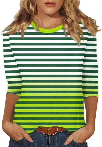 3/4 Length Sleeve Women Tops Round Neck Summer Striped Shirts Dressy Casual Tunic Tops Trendy Blouses in Kuwait
