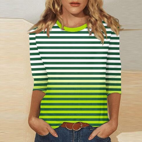 3/4 Length Sleeve Women Tops Round Neck Summer Striped Shirts Dressy Casual Tunic Tops Trendy Blouses in Kuwait