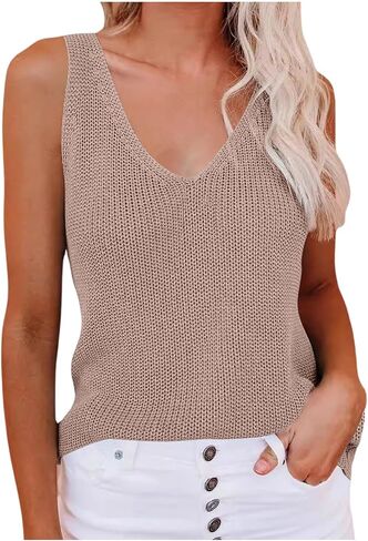 Women's Scoop Neck Tank Tops Sleeveless Sweater Vest Summer Causal Loose Fit Hollow Out Crochet Knitted Cami Top in Saudi Arabia