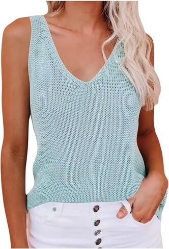 Women's Scoop Neck Tank Tops Sleeveless Sweater Vest Summer Causal Loose Fit Hollow Out Crochet Knitted Cami Top in Saudi Arabia