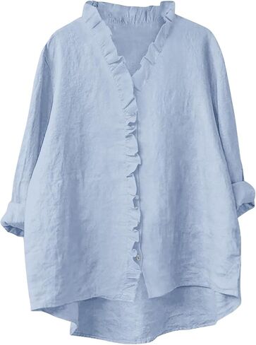 زر القميص لأسفل للنساء من الكتان القطن غير الرسمي 3/4 كم من LOW hem Blouse Bluse Trim in Kuwait