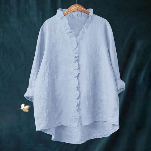 زر القميص لأسفل للنساء من الكتان القطن غير الرسمي 3/4 كم من LOW hem Blouse Bluse Trim in Kuwait