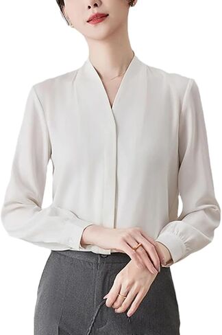 Women’S Formal Blouse V-Neck Long Sleeve Loose Fit Navy Blue Spring Tops in Saudi Arabia