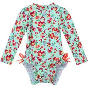 iiniim Baby/Toddler Girls Long Sleeve Rash Guard Swimsuit Shirt Tops UPF 50+ Floral Sun Protection Swimwear Zipper Bodysuit