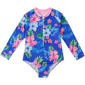 Baby Girl Rash Guard Long Sleeve Tropical Floral Print Surfing Swimsuit Toddler Zipper One Youth Girls Bikini Swimsuit