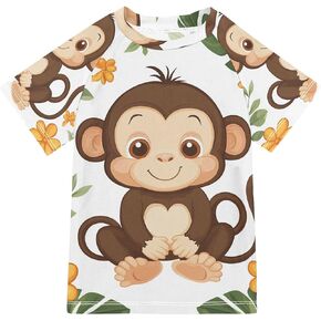 Cute Monkey Tropical Leaves Kids Bathing Suit Short Sleeves Athletic Tops Swimwear Beach Tops 3T