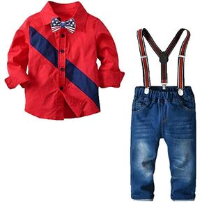 Little Boys 2 Pcs Gentleman Outfit Suits Long Sleeve Shirts+Bow Tie+Suspender Pants Suit Clothes Set