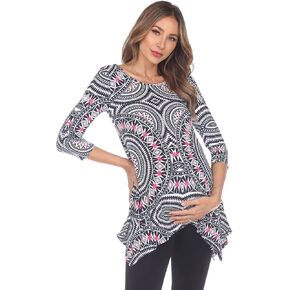 white mark Women's Maternity Relaxed Fit Scoop Neck 3/4 Sleeves Printed Tunic Top with Side Pockets