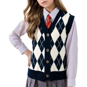 Boys Girls Sweater Vest -V Neck Argyle Sleeveless Print Casual Knit Sweaters Cardigan Vest for Kid Spring Autumn