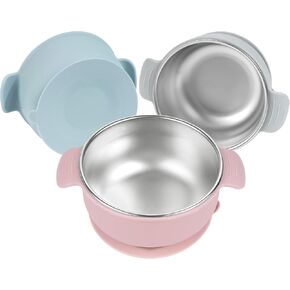 Stainless Steel and Silicone with Suction Baby Bowls 3 Packs 4.3" Kids Feeding,Non-Toxic&Lead-Free&Mess Free Toddler Bowl Set,Dishwasher Safe&Extra Strong Base&Fit Highchar Size,beige green blue