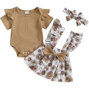 Infant Baby Girl Summer Outfit Ruffle Short Sleeve Knit Romper Floral Suspender Skirt Bow Headband 3Pcs Clothes Set