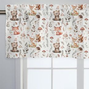 Unisex Woodland Animals Bear Deer Hedgehog Raccoon Leaves Mushroom Nursery Short Curtain Valance with Rod Pocket for Boys Girls Kids Toddlers Bedroom Living Room Window Decor-18x54