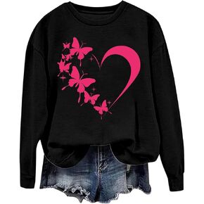 Oversized Shirts for Women Cute Long Sleeve Funny Love Heart Printed Crewneck Sweatshirts Loose Comfy Pullover Tops