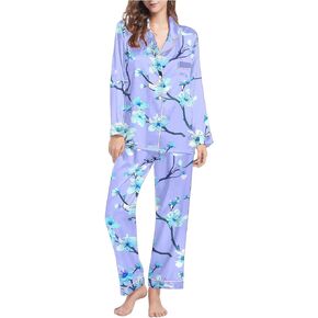 Womens 2 Piece Floral Print Pajama Set Long Sleeve Lounge Sets Button Down Shirts and Shorts PJs Soft Sleepwear Set