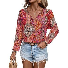 Women's Paisley Printed V-Neck Long Sleeve Shirt Fall Pleated Casual Flare Tunic Blouse Henley Shirts