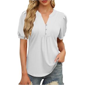 Summer Tops for Women Short Sleeve Basic Shirts Dressy Casual Loose Fit Button V Neck Tshirt Fashion Outfits Clothes
