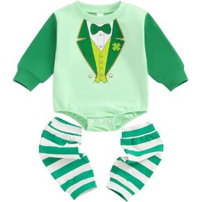 Saint Patricks Day Baby Boy Funny Graphic Romper Cartoon Tie Suit Green Striped Leg Warmers Spring Clothes Set
