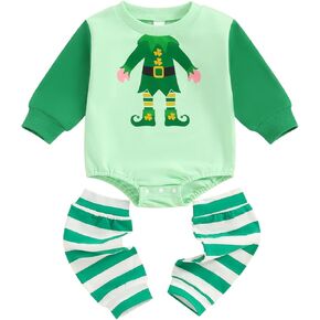 First Saint Patricks Day Outfit Baby Boy Funny Graphic Romper Clover Green Elf Striped Leg Warmers Spring Clothes