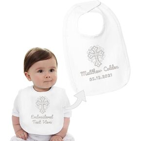 Personalized Baby Christening Embroidered Baby Bib - Customized Cotton Baby Bib with Embroidered Cross, Name & Baptism Date