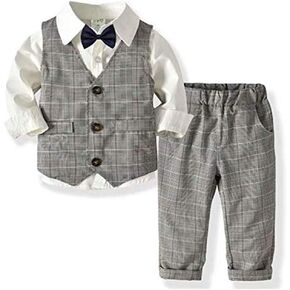 Little Toddler Boys 4Pcs Gentleman Formal Suit Four Pieces Bow Tie Long Sleeve Plaid Shirts Vest Pants Outfit Suit