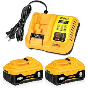 2PACK 20V 6.0Ah Lithium DCB200 Replacement for DEWALT 20V MAX Battery and Charger Combo 12V/20V DCB112 Station Kit Compatible with Dewalt 20Volt X*R Battery DCB204 DCB203 DCB206 DCB201 DCB205-2