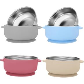 2 Pack Stainless Steel Baby Bowls with Removable Non-Slip Silicone Suction Shell, Anti Scald Food Container for Baby Food Feeding (2 Pack-Blue & Cream)