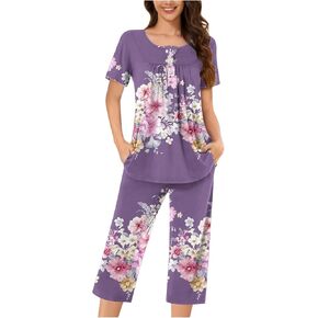 Pajama Set for Women Short Sleeve Sleepwear Floral Print Tops Capri Pants 2 Piece Lounge Sets Button V Neck Pjs Sets