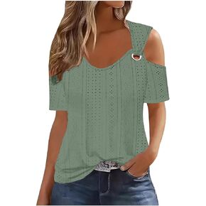 Womens Sexy Cold Shoulder Eyelet Tops V Neck Blouse Tees Summer Short Sleeve T Shirts Tops Dressy Blouse Tunic Shirts
