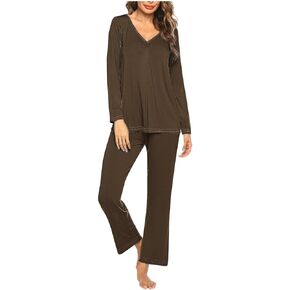 Womens 2 Piece Outfit Set Long Sleeve V Neck Top with Wide Leg Pants Casual Pajama Sets Soft Loungewear Sleepwear