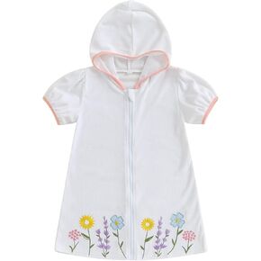 Girls Terry Cloth Swim Cover Up Zip Up Hooded Bathing Suit Coverup Wraps Rufled Puff Sleeve Pool Beach Robe Cover-Up