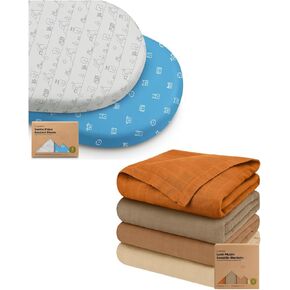 KeaBabies 2-Pack Bassinet Sheets for Girls, Boys and 4-Pack Muslin Swaddle Blankets for Boys, Girls - 100% Cotton Bassinet Mattress Protector - Baby Swaddle Blanket for Newborn