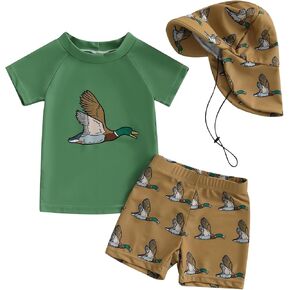 KMBANGI Toddler Baby Boy Mallard Swimsuit Set Baby Rash Guard Short Sleeve Duck Bathing Suit Trunks Swim Shorts with Hat