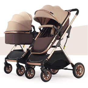 Twin Umbrella Pram Stroller,Foldable Tandem Stroller for Infant and Toddler,Detachable 2 Single Strollers Double Pushchair with Reversible Bassinet,Adjustable Canopy (Color : Gold)