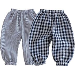 Ashmyova Toddler Boys Girls Classic Plaid Trousers Kids Casual Ankle Stripe Pants Loose Long Bloomers 2Pcs