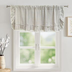 Gxi Checkered Ruffles Valance Short Linen Sheer Curtain for Kitchen Bathroom Light Filtering Privacy Farmhouse Valance Small Cafe Curtain Living Room Small Window 1 Panel Width 59 x 24 inches Length