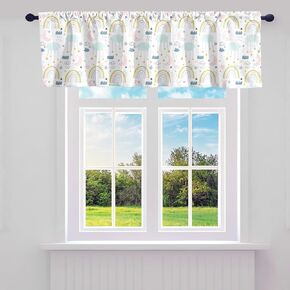 Erosebridal Cartoon Valance Curtains,Lovely Rainbow Grass Clouds Rainy 30%-50% Blackout Curtains for Kids,Geometric Moon Stars Blackout Valances for Bedroom,52" W X 18" L,Cream Pink Green Yellow