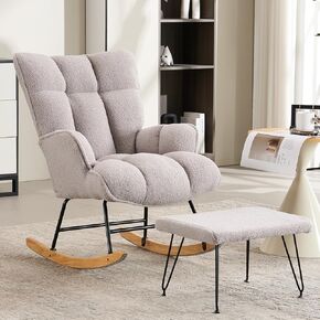 Nursery Rocking Chair with Ottoman, Upholstered Teddy Glider Rocker for Nursery(2pcs/Set), Modern Rocking Reading Grey Glider Chair for Bedroom, Nursing, Living Room