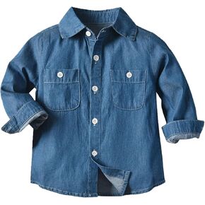 Kids Boys Girls Button Down Denim Shirt Long Sleeve Casual Cowboy Chambray Top Toddler Baby Jeans Shirts